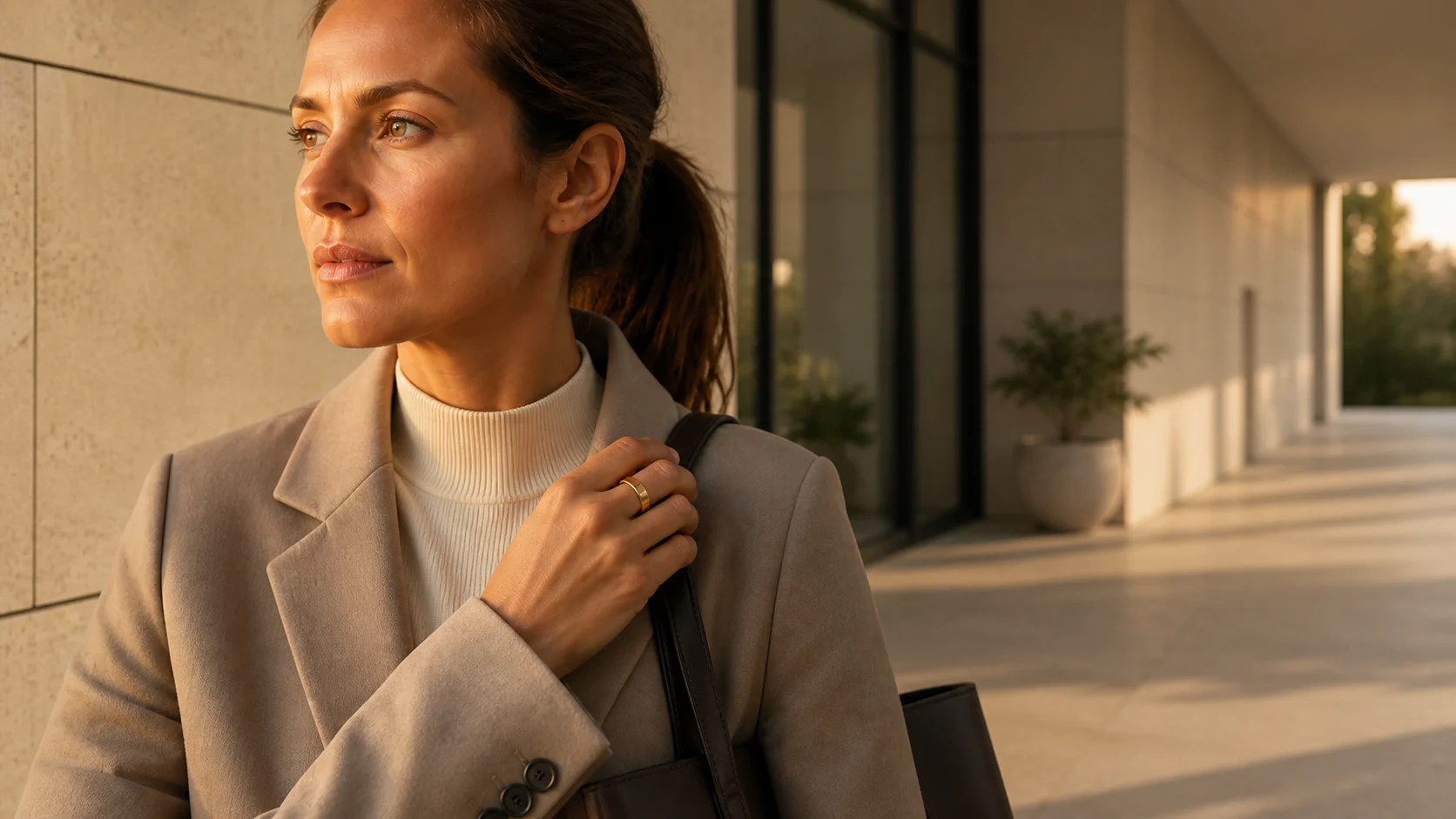 Conceptual everyday commute scene with a gold QINO Smart Ring