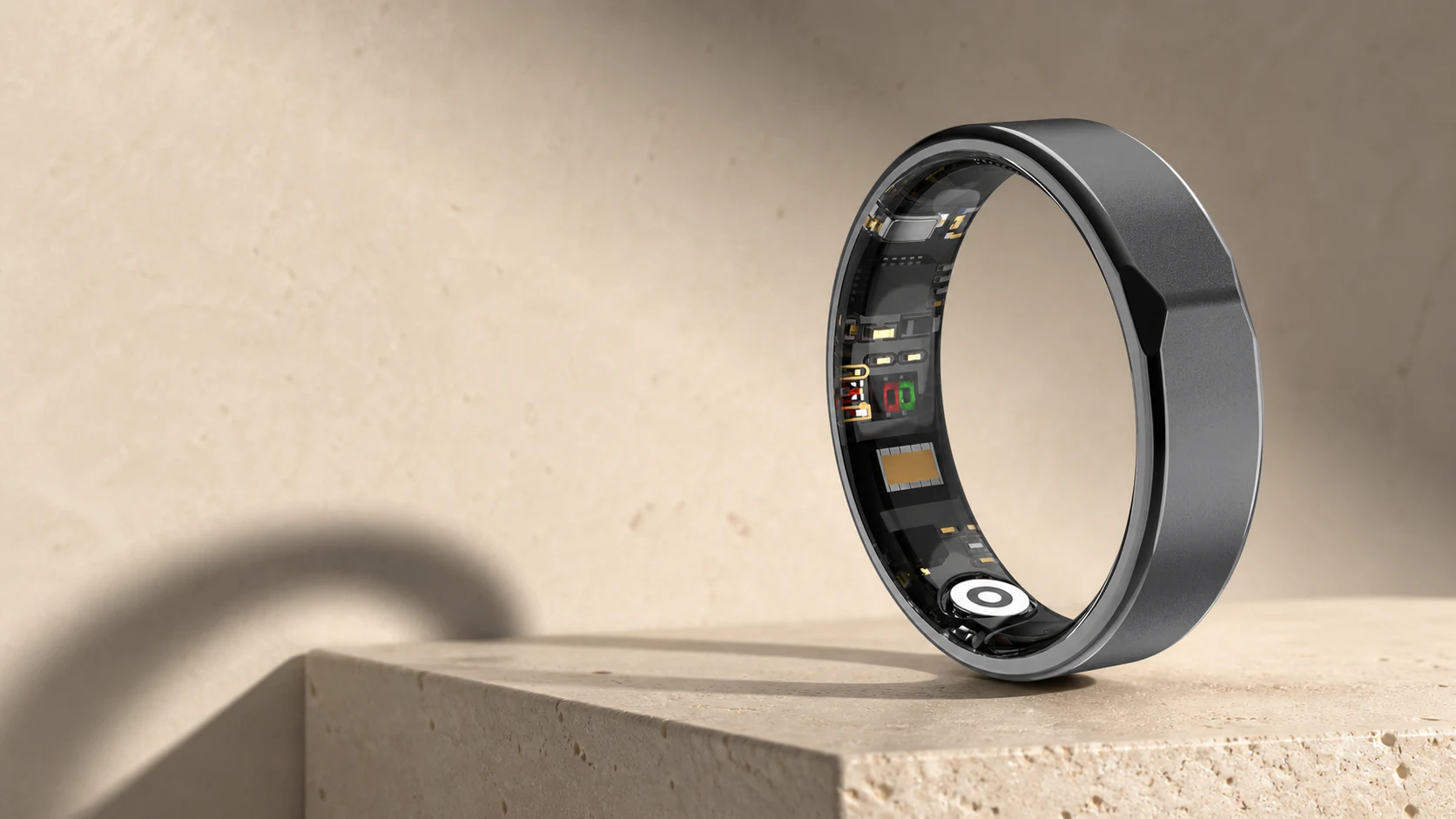 Conceptual editorial close-up of a Black QINO KR31 smart ring