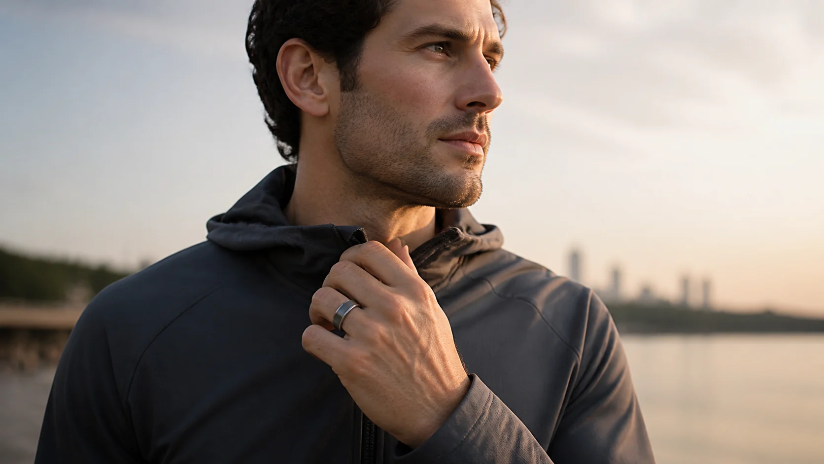 Man wearing a QINO smart ring during an outdoor movement routine