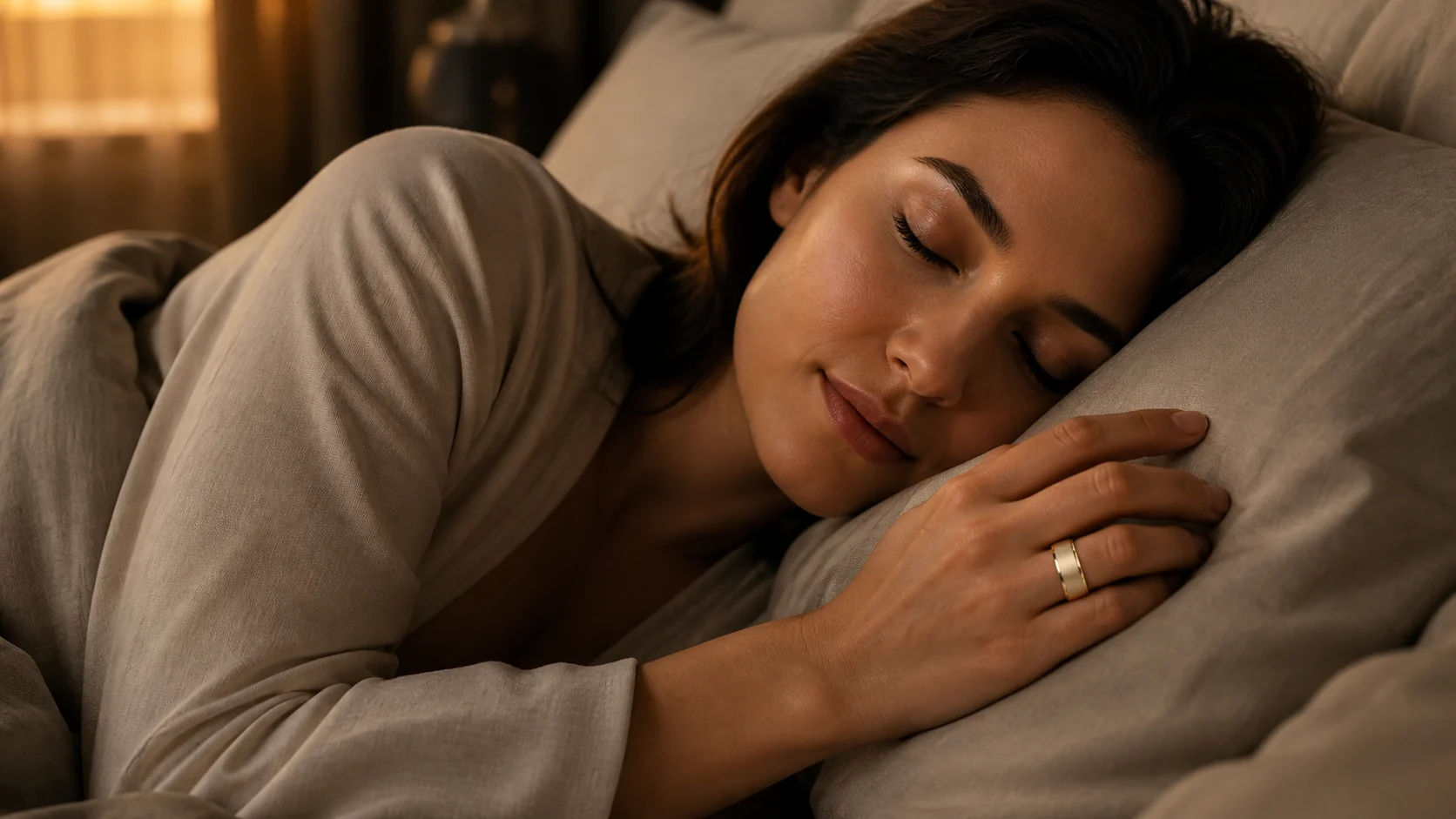 Woman resting while wearing a gold QINO smart ring